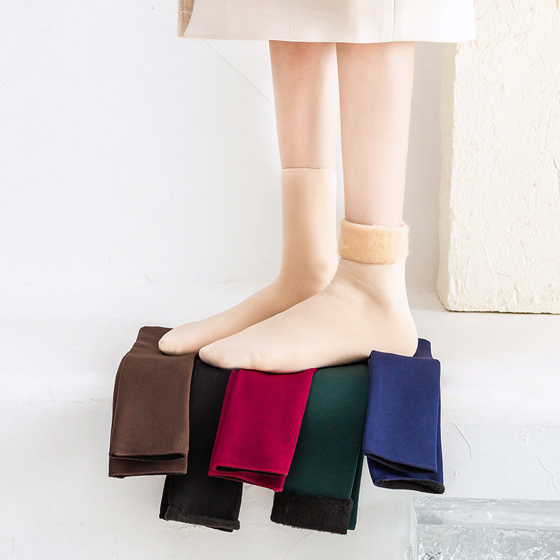 Socks women's mid-calf warm floor socks men and women's solid color confinement sleep socks autumn and winter fleece-lined thick snow socks