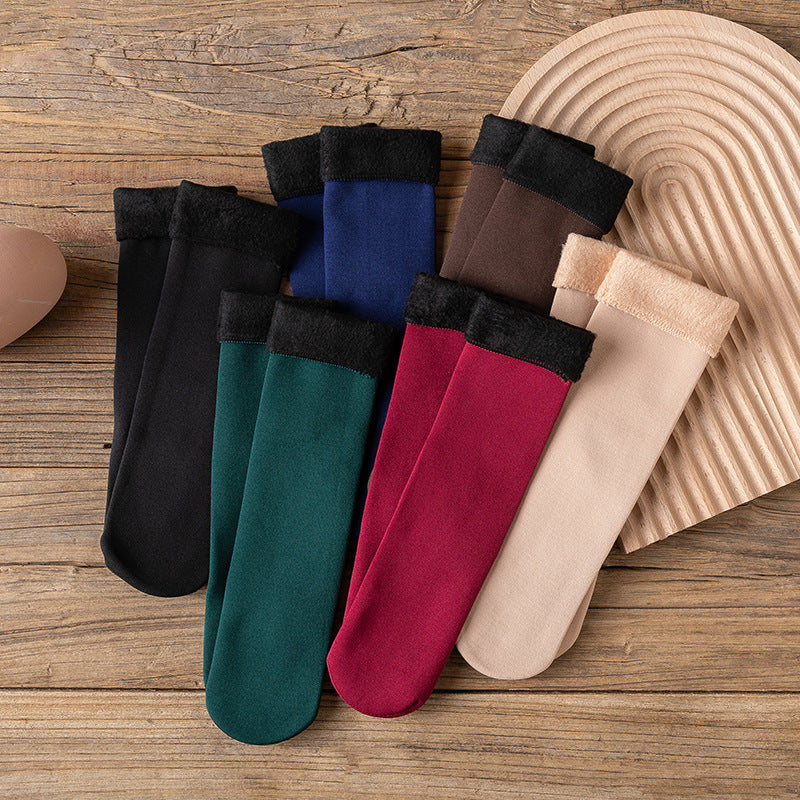 Socks women's mid-calf warm floor socks men and women's solid color confinement sleep socks autumn and winter fleece-lined thick snow socks